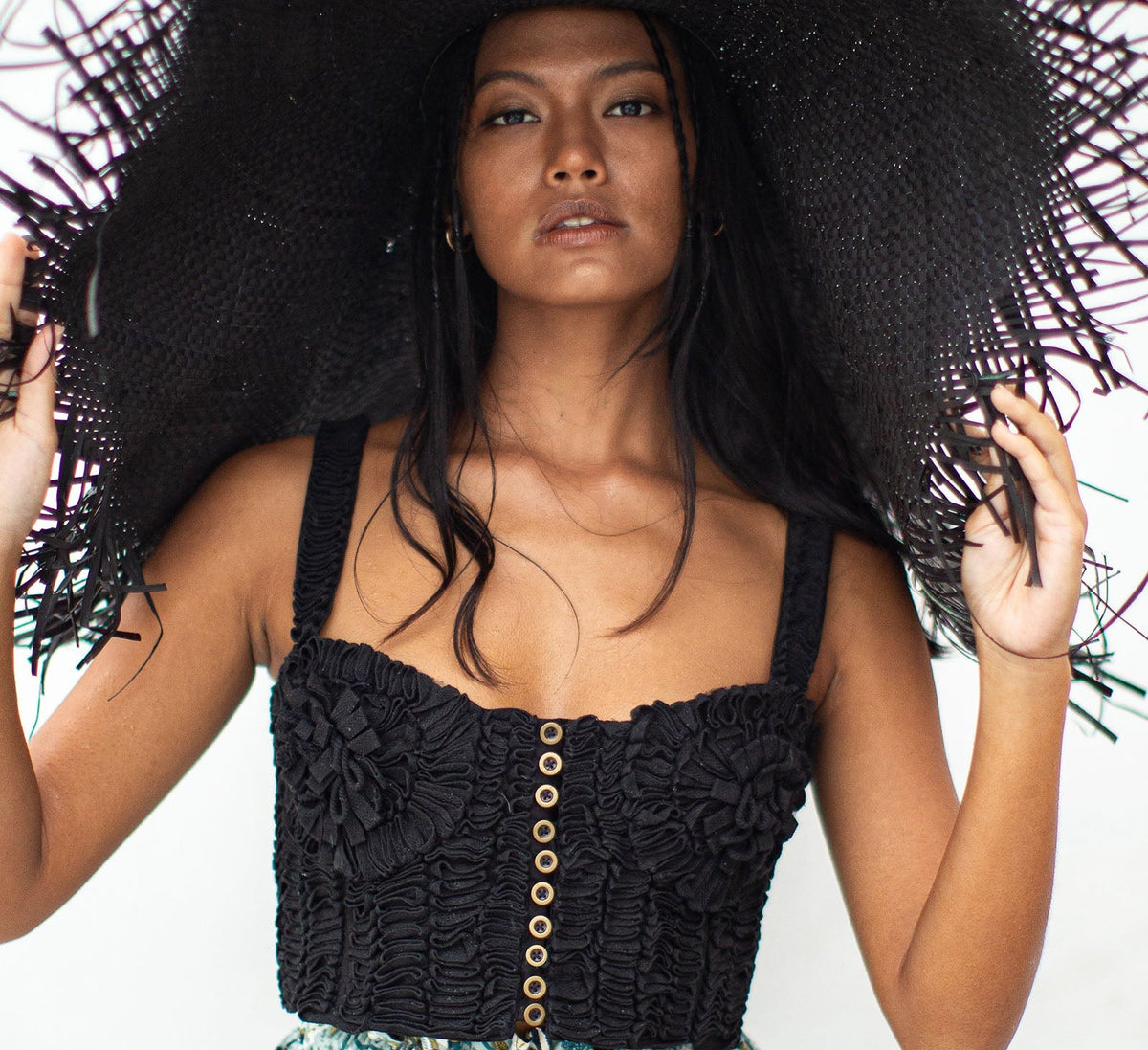MARIGOLD Hand-embroidered Ribbon Bustier Top In Black
