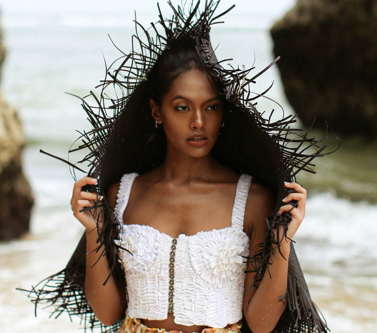 MARIGOLD Hand-embroidered Ribbon Bustier Top In White