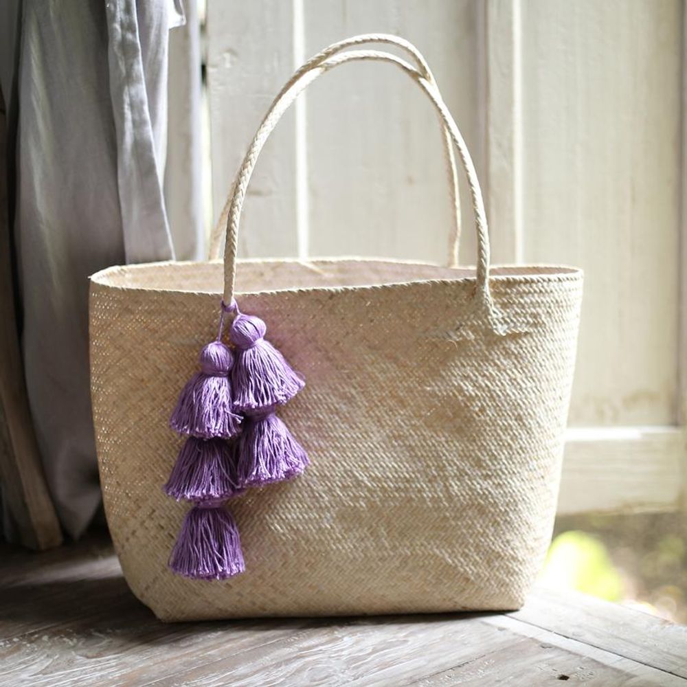 Borneo Sani Straw Tote - with Purple Tassels