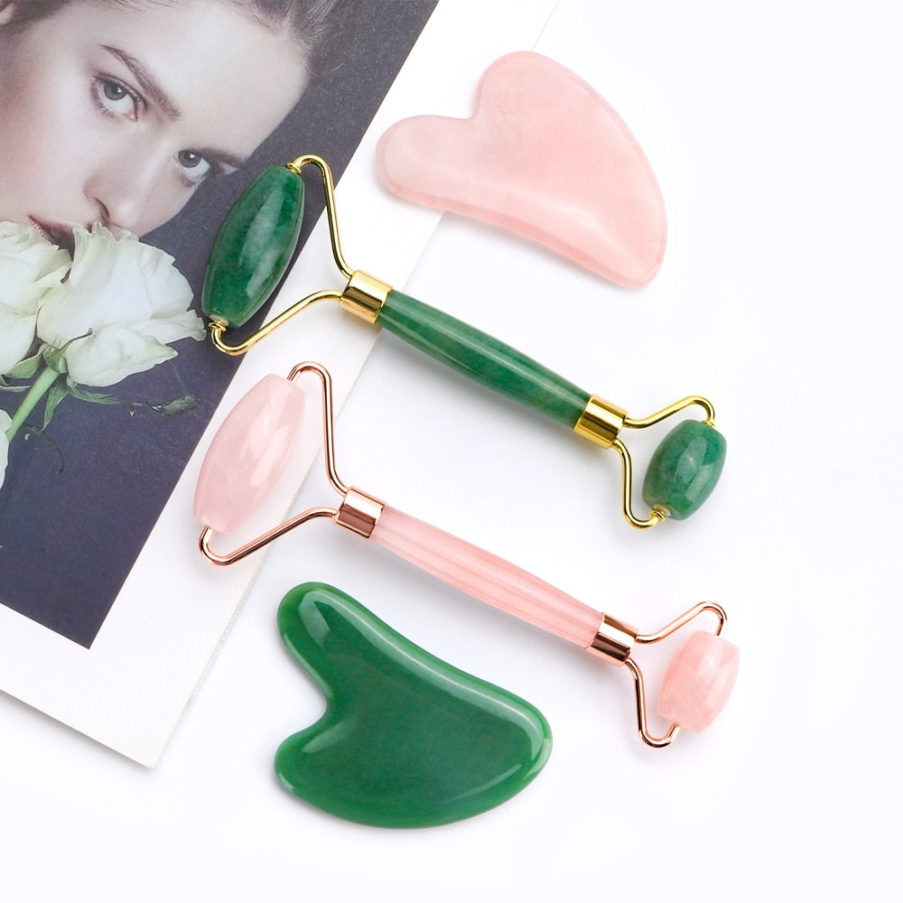 Natural Facial Lifting Tool Jade or Rose Quartz Roller and Gua Sha Set