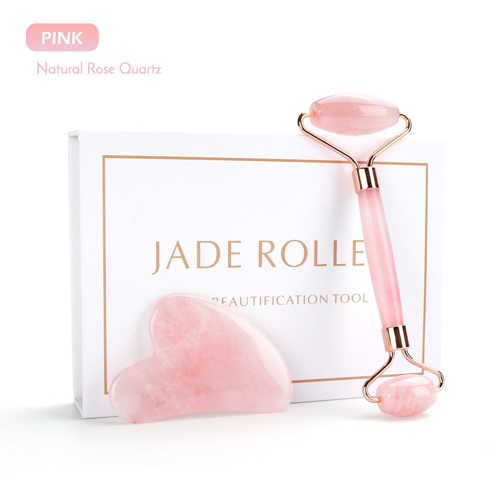 Natural Facial Lifting Tool Jade or Rose Quartz Roller and Gua Sha Set