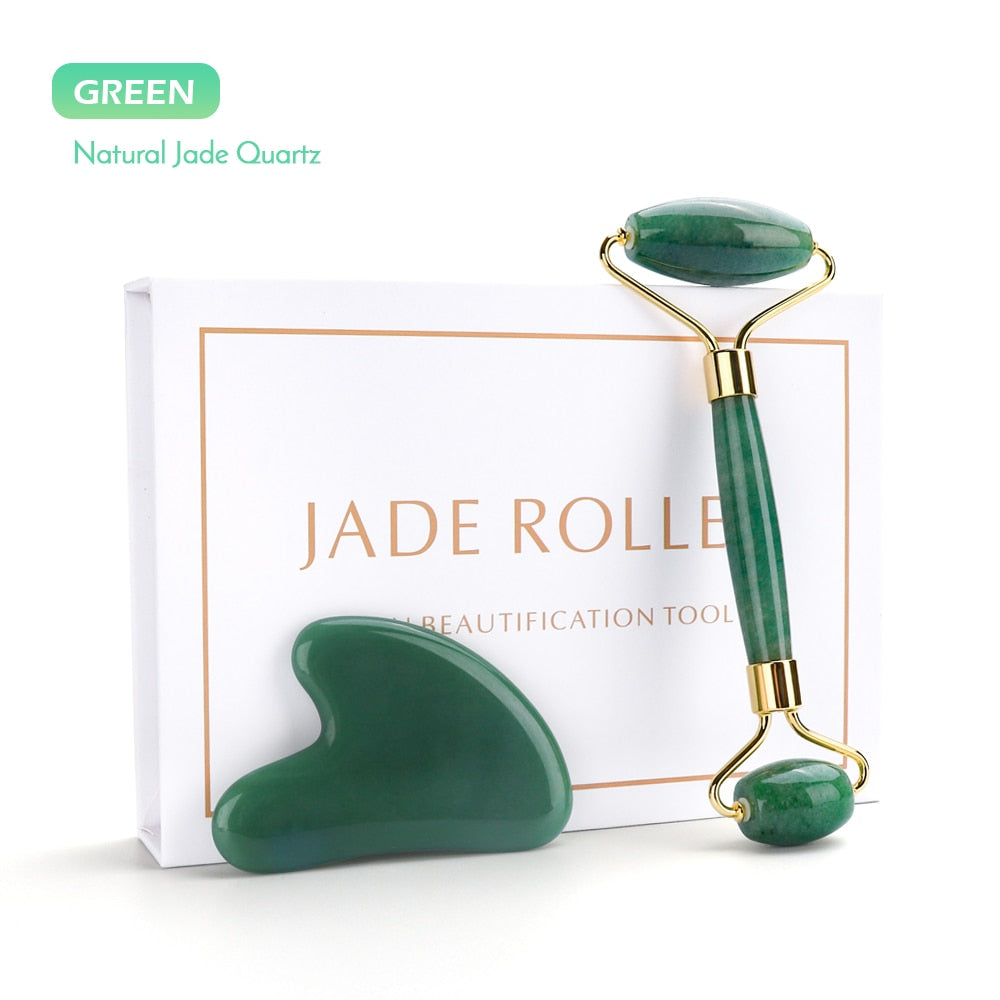 Natural Facial Lifting Tool Jade or Rose Quartz Roller and Gua Sha Set
