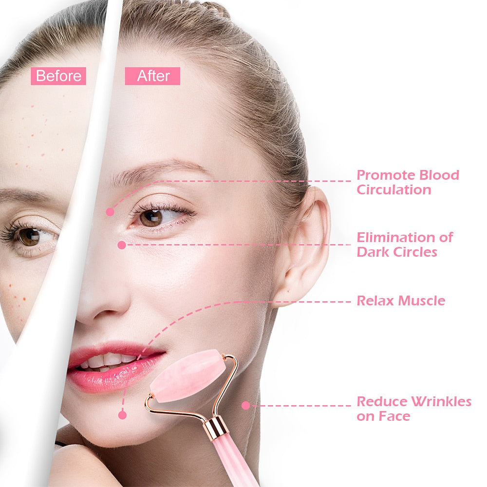Natural Facial Lifting Tool Jade or Rose Quartz Roller and Gua Sha Set