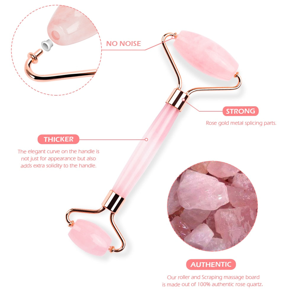 Natural Facial Lifting Tool Jade or Rose Quartz Roller and Gua Sha Set