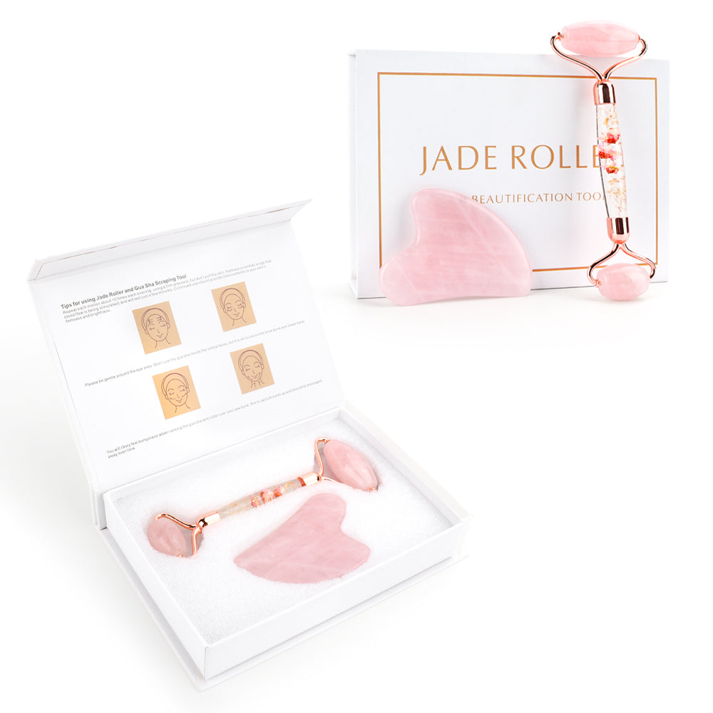 Natural Facial Lifting Tool Jade or Rose Quartz Roller and Gua Sha Set