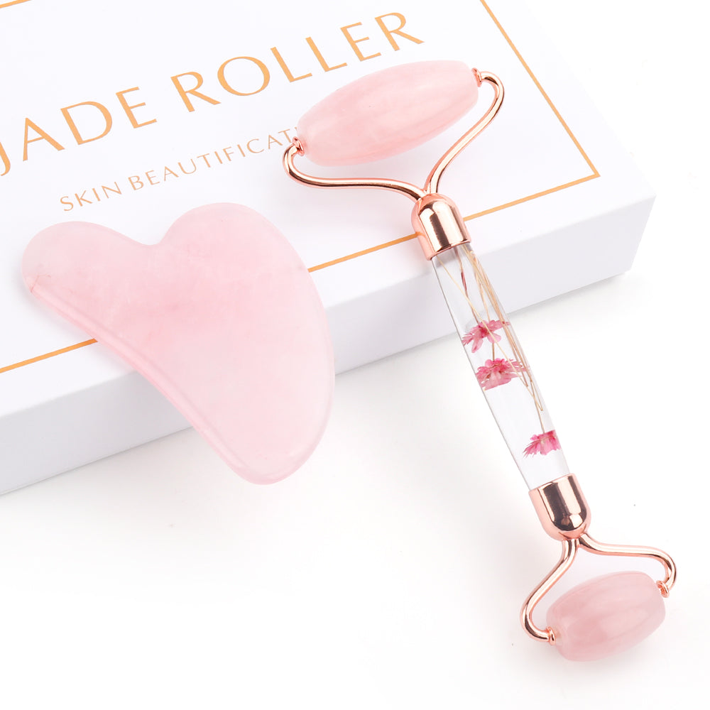 Natural Facial Lifting Tool Jade or Rose Quartz Roller and Gua Sha Set