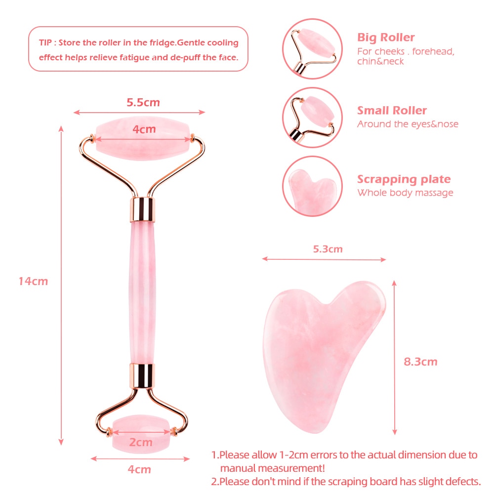 Natural Facial Lifting Tool Jade or Rose Quartz Roller and Gua Sha Set
