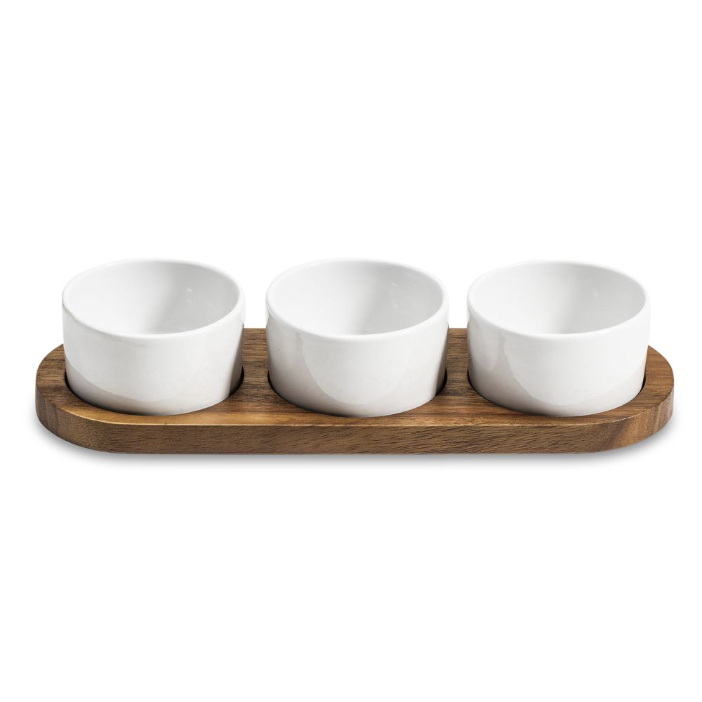 Condiment Serving Set 3 Ceramic Bowls with Lids 13" x 3.75"