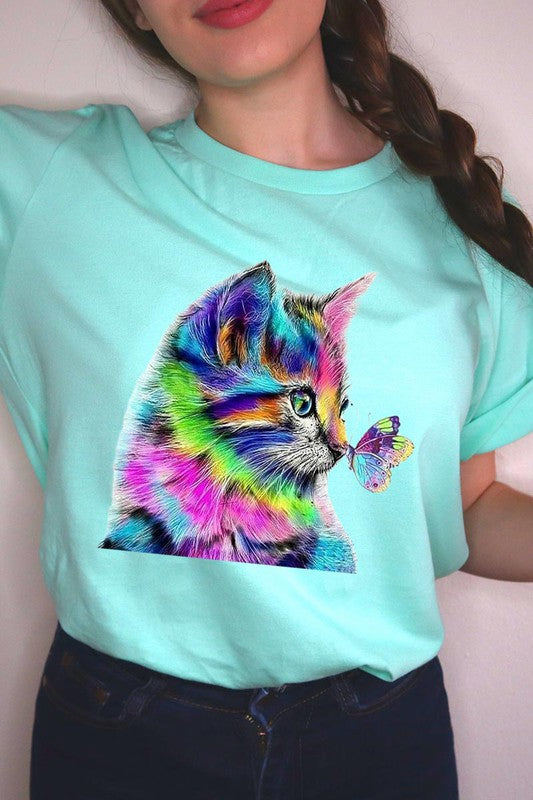 Rainbow Cat and Butterfly Graphic Tee