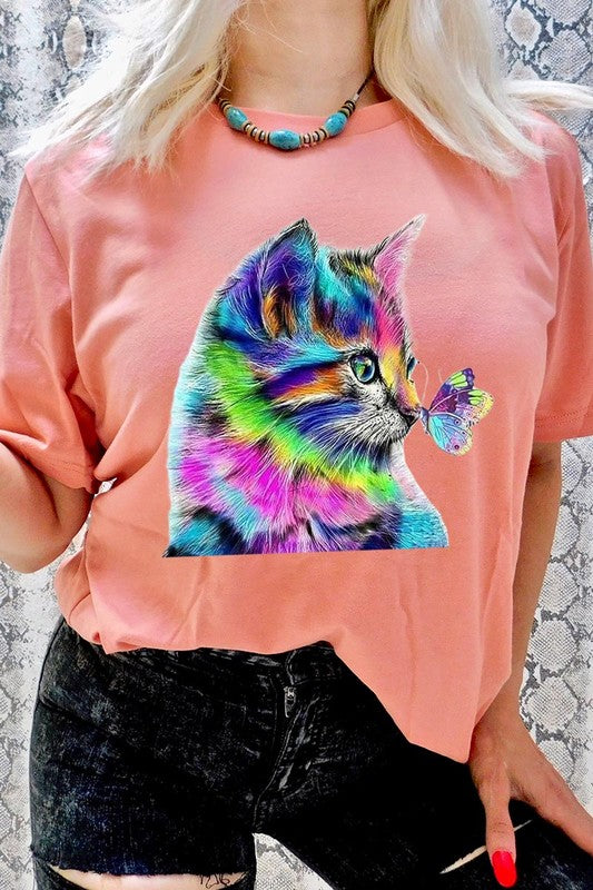 Plus Rainbow Cat and Butterfly Graphic Tee