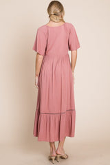 Smocked Pocket Midi Dress in Rouge Pink