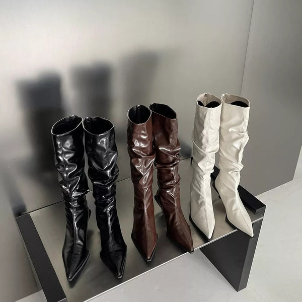Faux Leather Pointed Toe Low Heeled Knee Boots