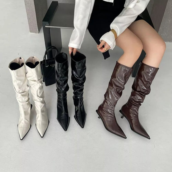 Faux Leather Pointed Toe Low Heeled Knee Boots