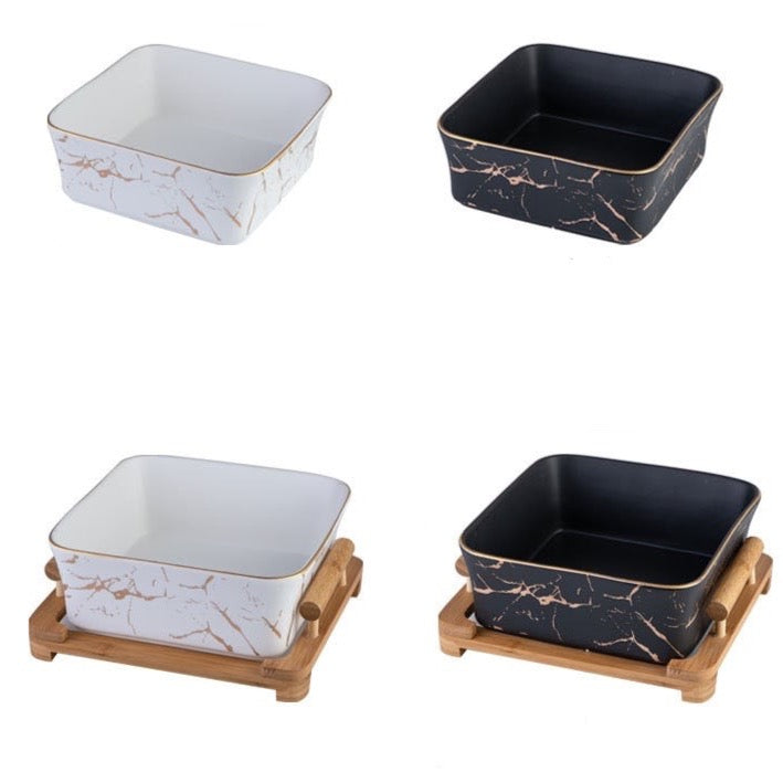 Marble Pattern Bowl and Wooden Tray