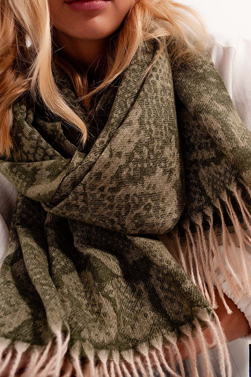 Green Snake Print Scarf With Fringe
