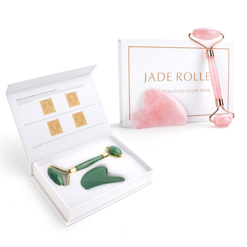 Natural Facial Lifting Tool Jade or Rose Quartz Roller and Gua Sha Set
