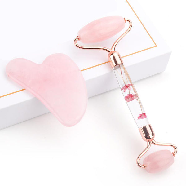 Natural Facial Lifting Tool Jade or Rose Quartz Roller and Gua Sha Set